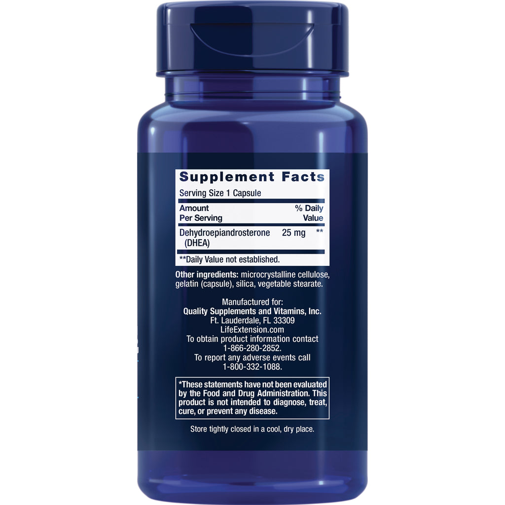 LE104 | back of blue supplement bottle showing Supplement Facts label with Serving Size 1 Capsule and DHEA 25 mg - Thumbnail