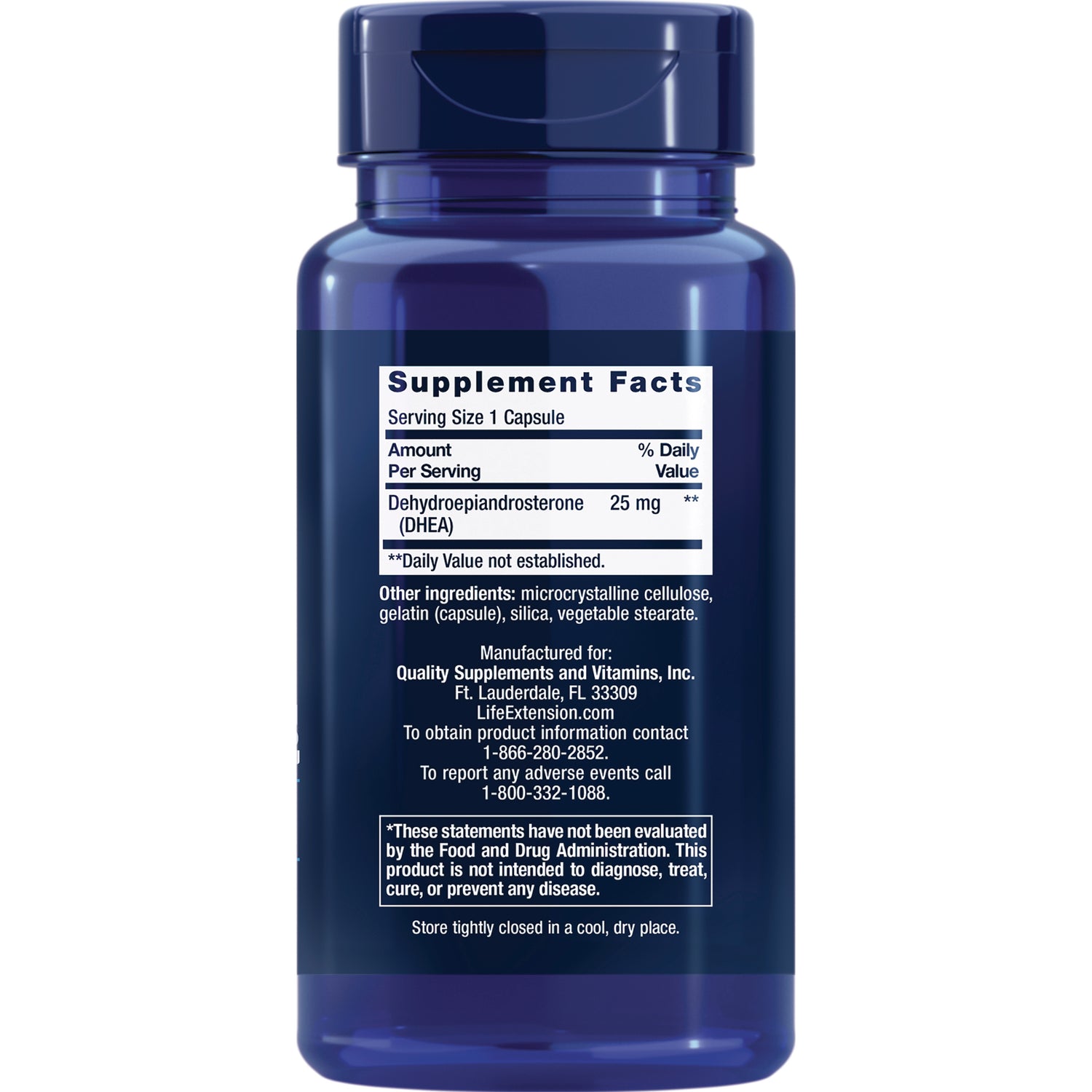 LE104 | back of blue supplement bottle showing Supplement Facts label with Serving Size 1 Capsule and DHEA 25 mg