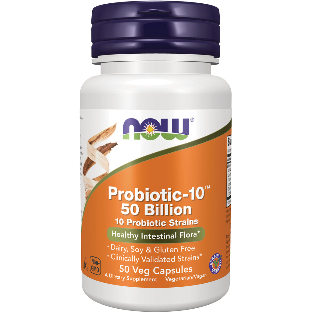 NWF344 | NOW Probiotic-10 50 Billion supplement bottle with front label showing 50 veg capsules - Thumbnail