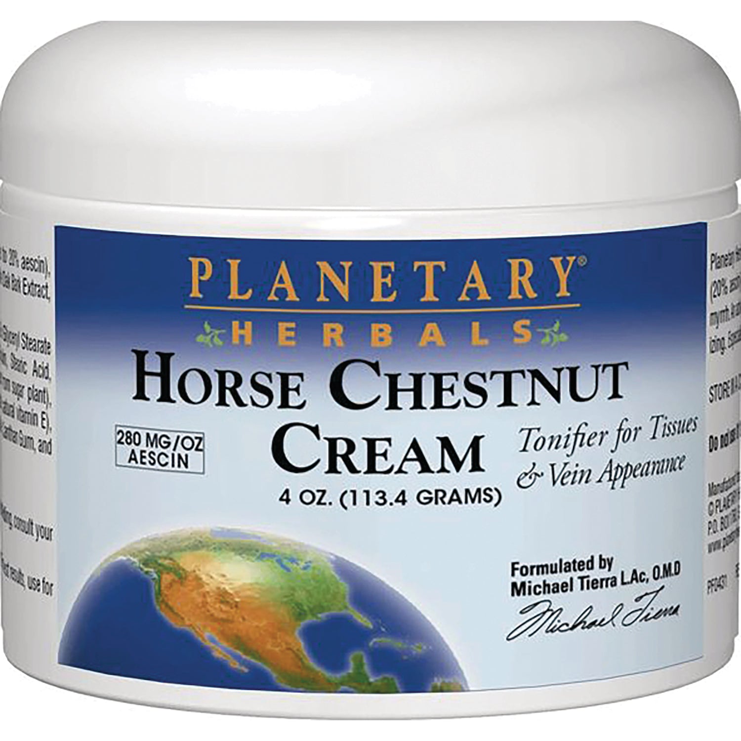 PF069 | Planetary Herbals Horse Chestnut Cream 4 oz jar label with globe logo and product name