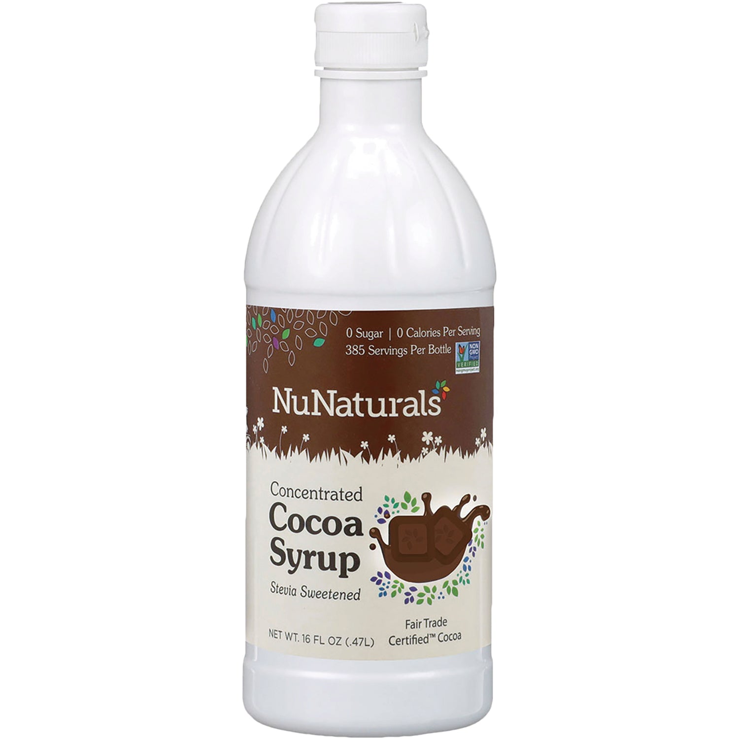 NN053 | White plastic bottle labeled NuNaturals Concentrated Cocoa Syrup stevia sweetened