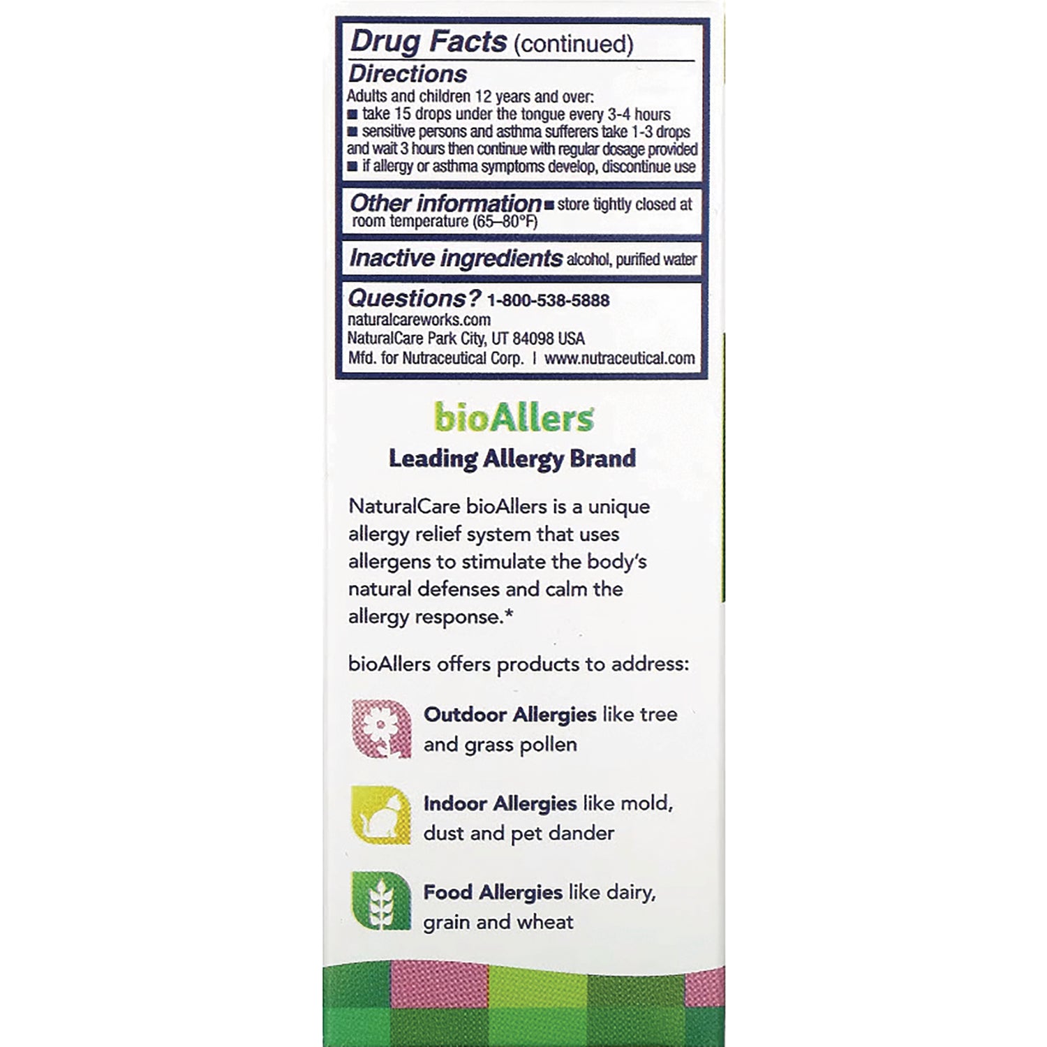 NTB027 | back panel showing Drug Facts directions and bioAllers branding with icons for outdoor, indoor and food allergies