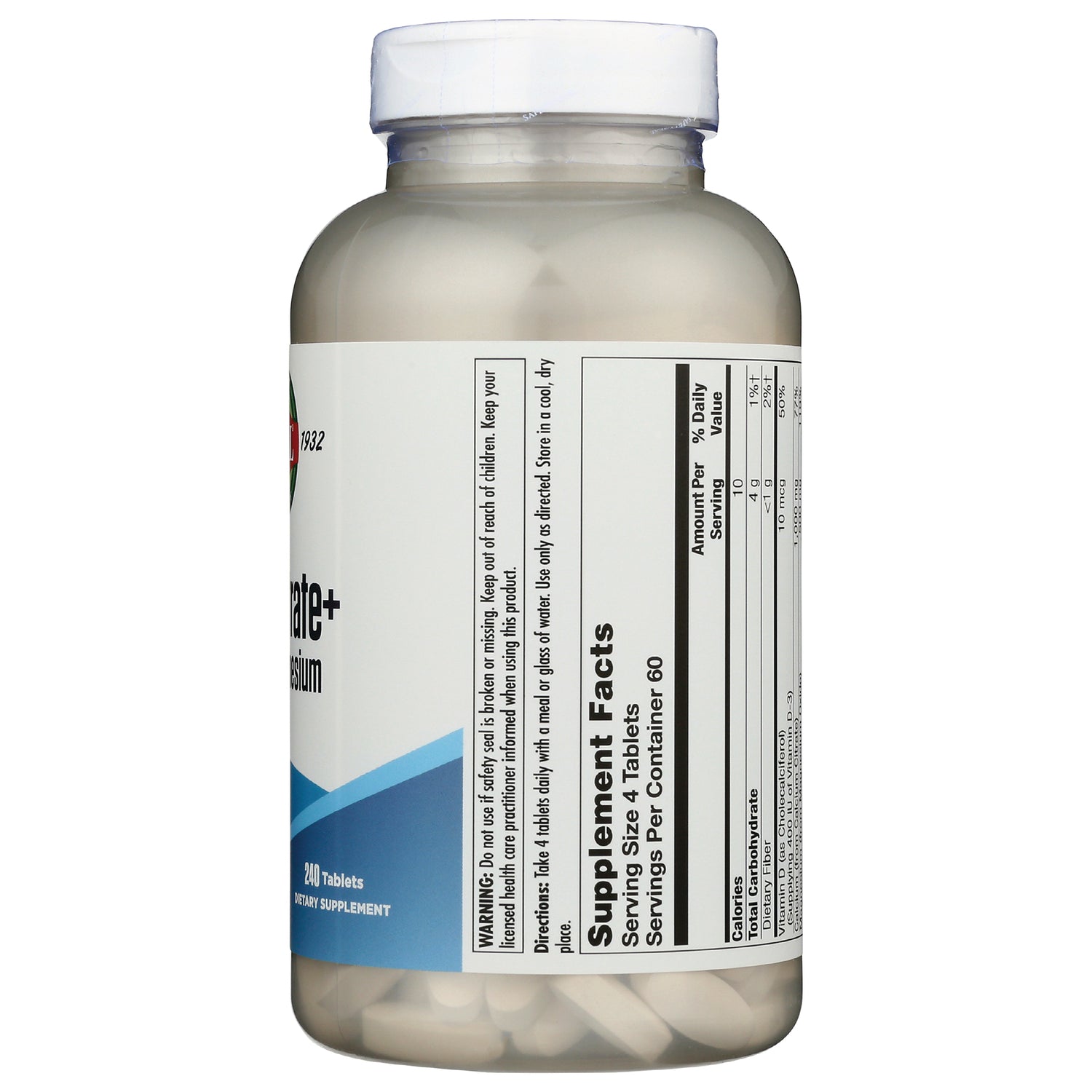 KL452 | back of white supplement bottle showing Supplement Facts label and tablets visible