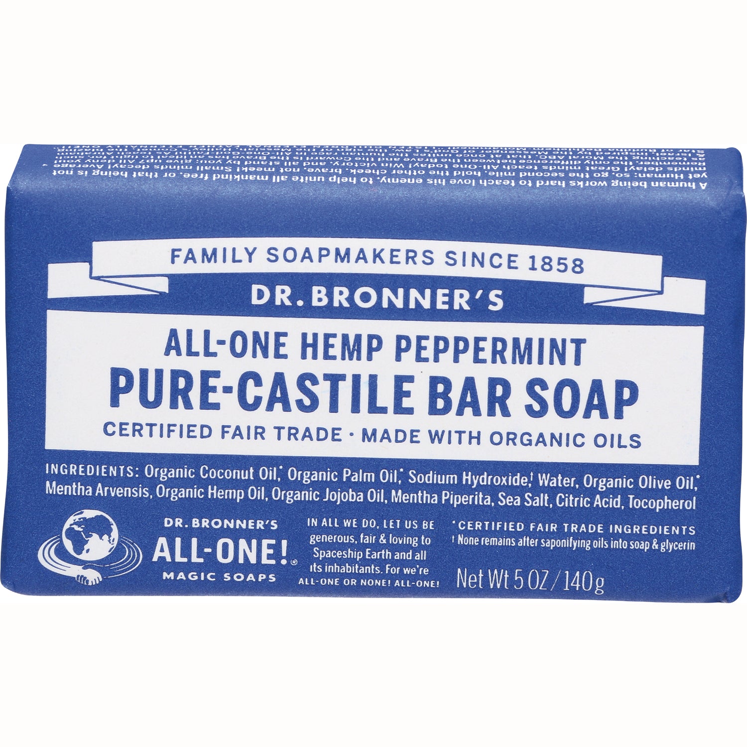 DRB004 | Dr. Bronner's All-One hemp peppermint pure-castile bar soap blue packaging front view Net Wt 5 OZ/140g