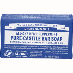 DRB004 | Dr. Bronner's All-One hemp peppermint pure-castile bar soap blue packaging front view Net Wt 5 OZ/140g