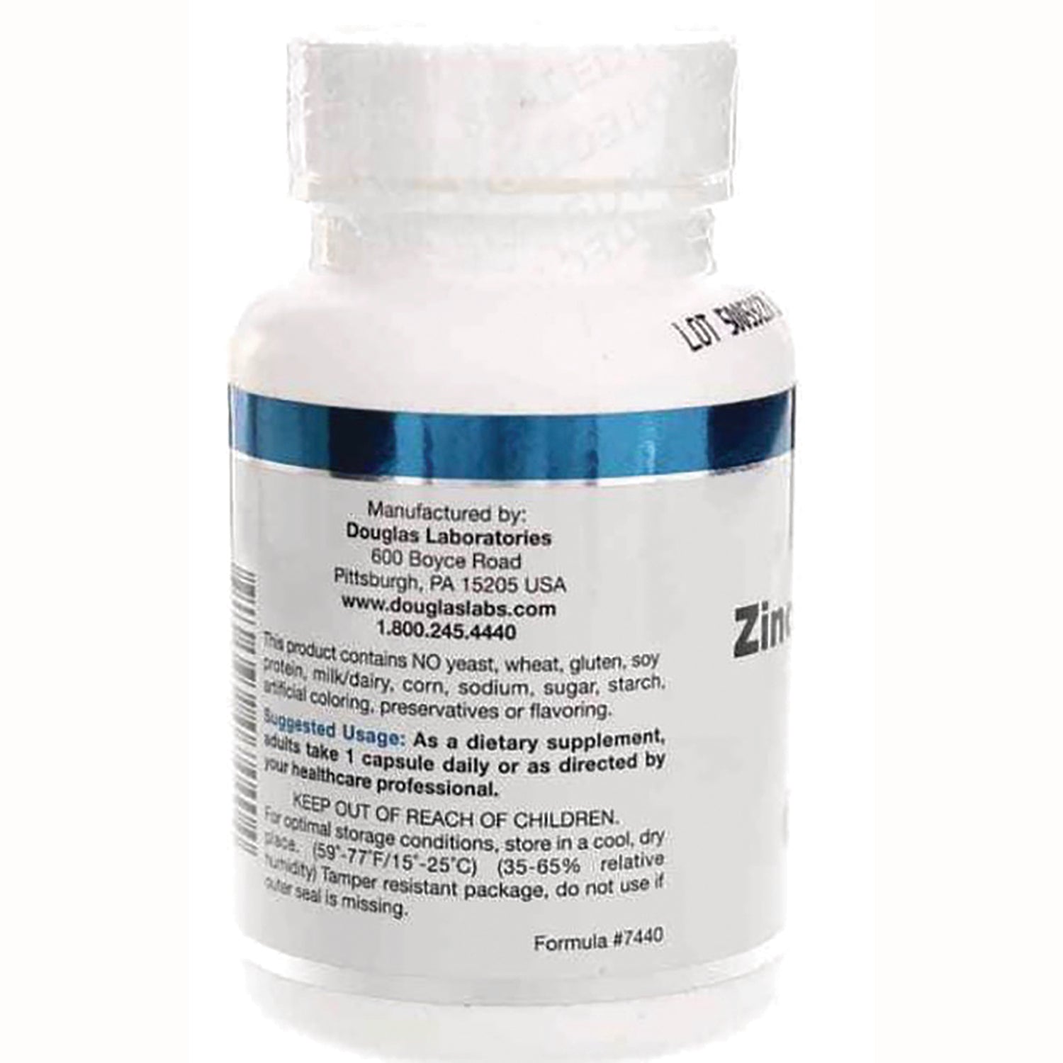 DGL041 | Back label of white supplement bottle showing Douglas Laboratories manufacturer details, suggested usage and storage text