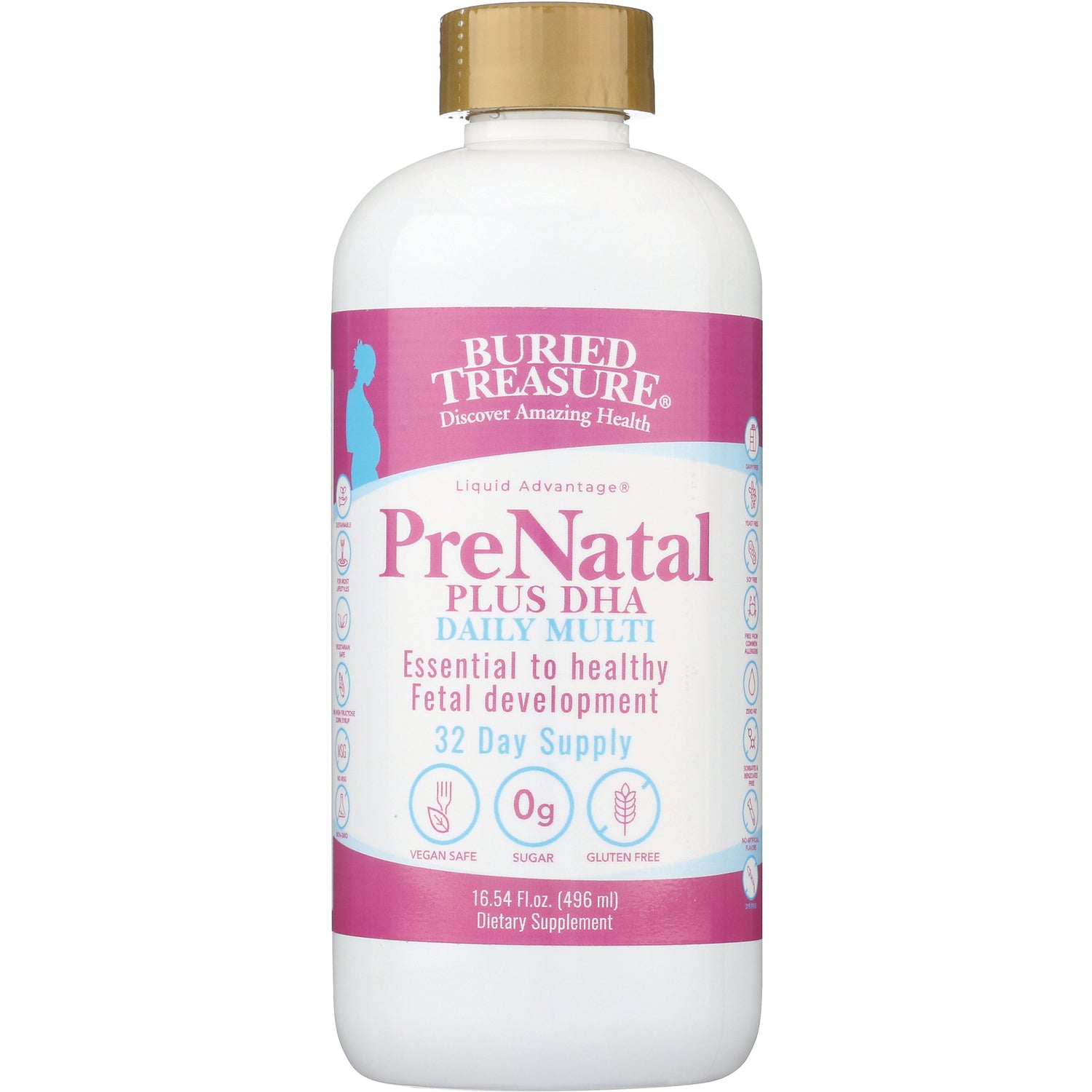 BTR006 | Buried Treasure PreNatal Plus DHA daily multi bottle 16.54 fl oz 32 day supply, vegan safe sugar free gluten free