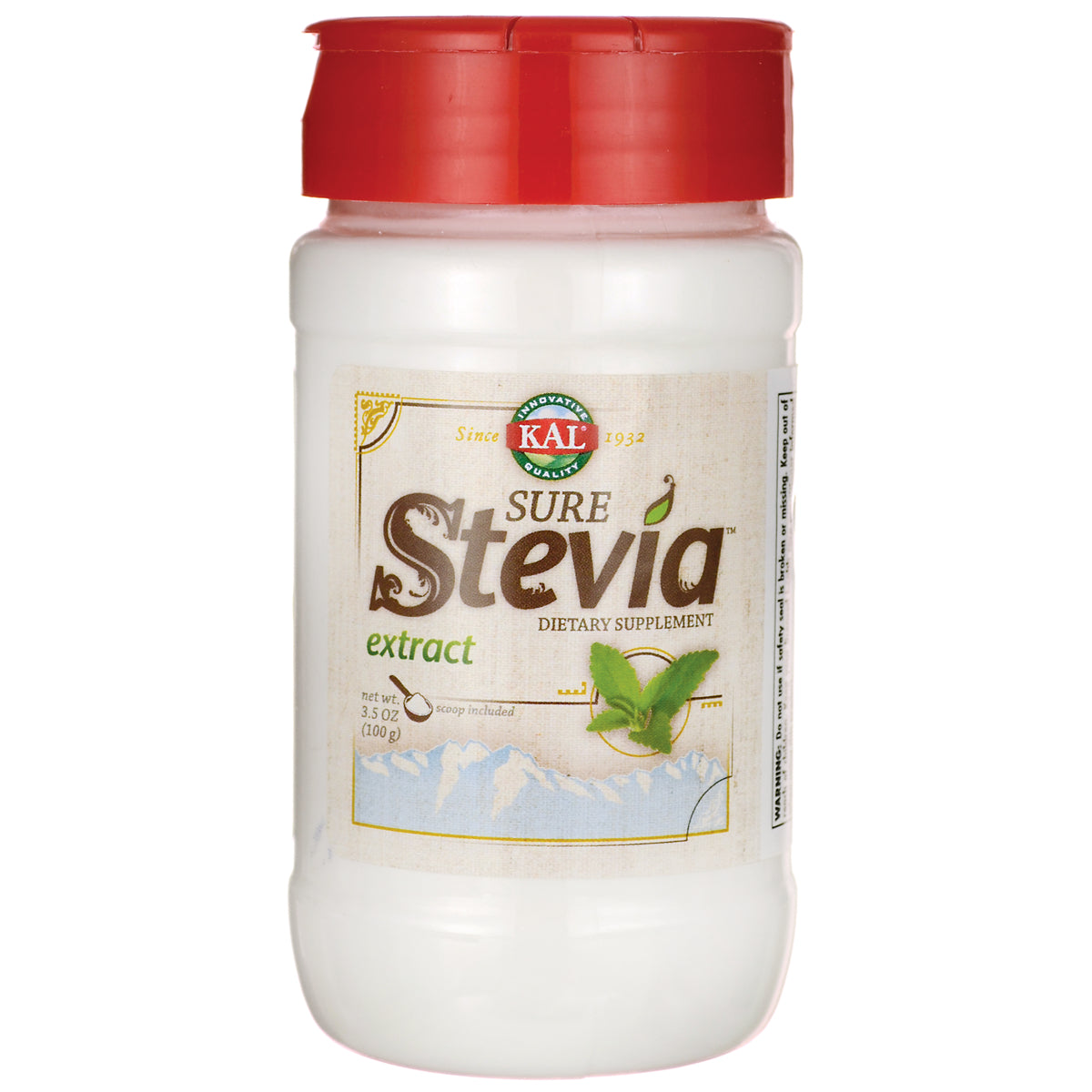 KL488 | White plastic jar with red cap labeled KAL Sure Stevia extract dietary supplement 3.5 oz