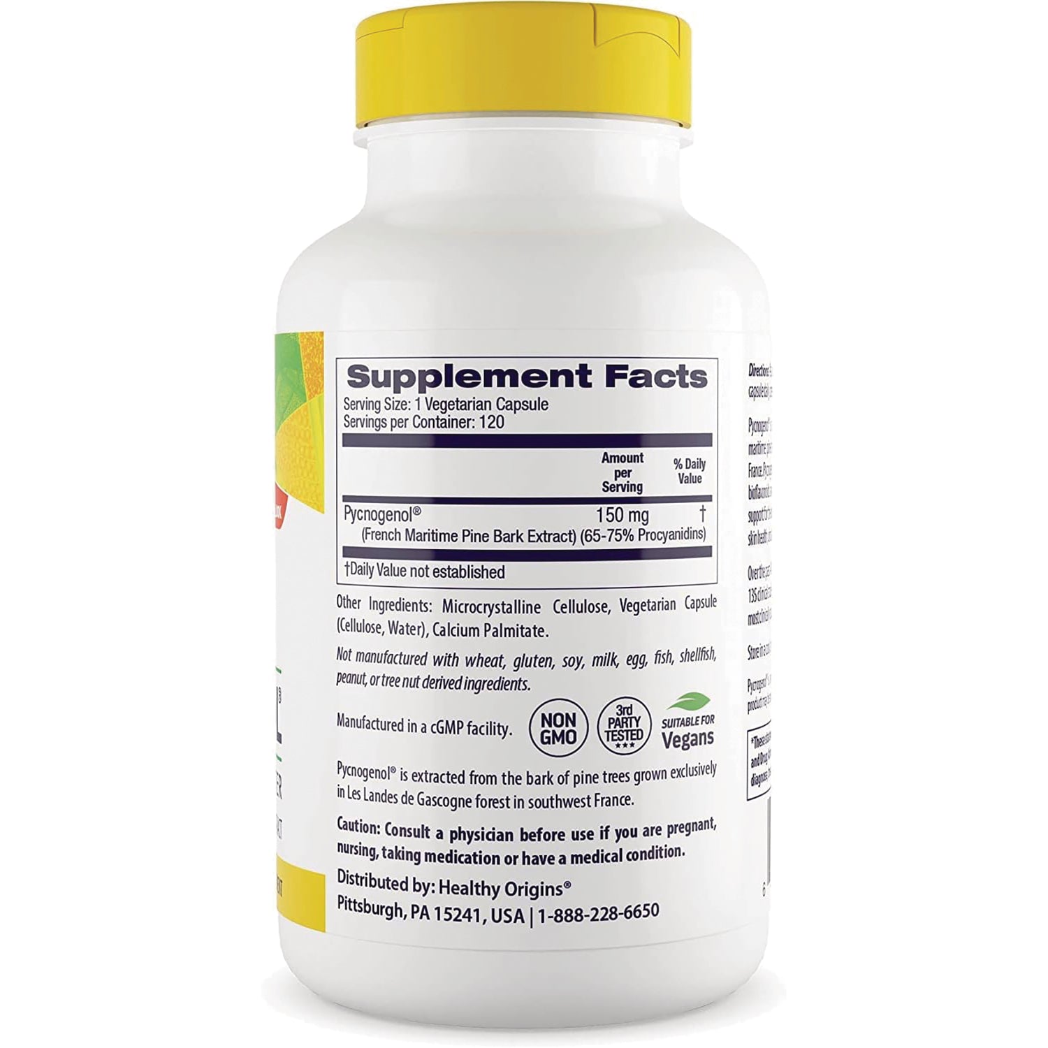 HRG080 | back panel with Supplement Facts showing Pycnogenol 150 mg, ingredients and cautions on white bottle