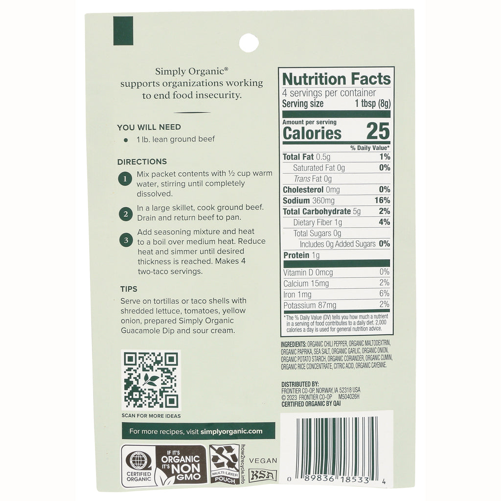 SMP004 | Back of spice packet showing Nutrition Facts panel, directions, QR code and barcode - Thumbnail