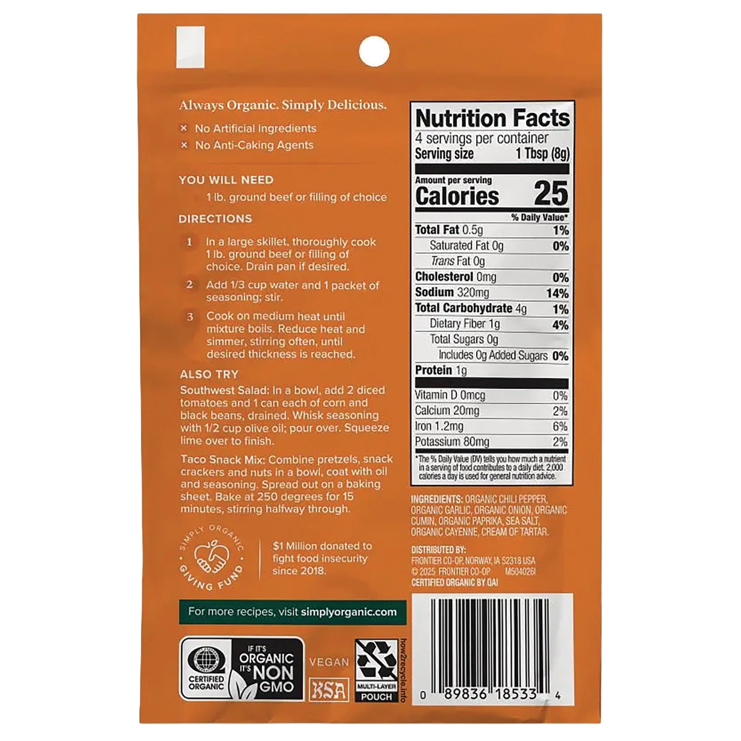 SMP004 | Back of spice packet showing Nutrition Facts panel, directions, QR code and barcode