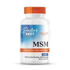 DB221 | Doctor's Best MSM supplement bottle front labeled Supports Hair, Skin, Nails & Joints 3000 mg per serving 360 capsules