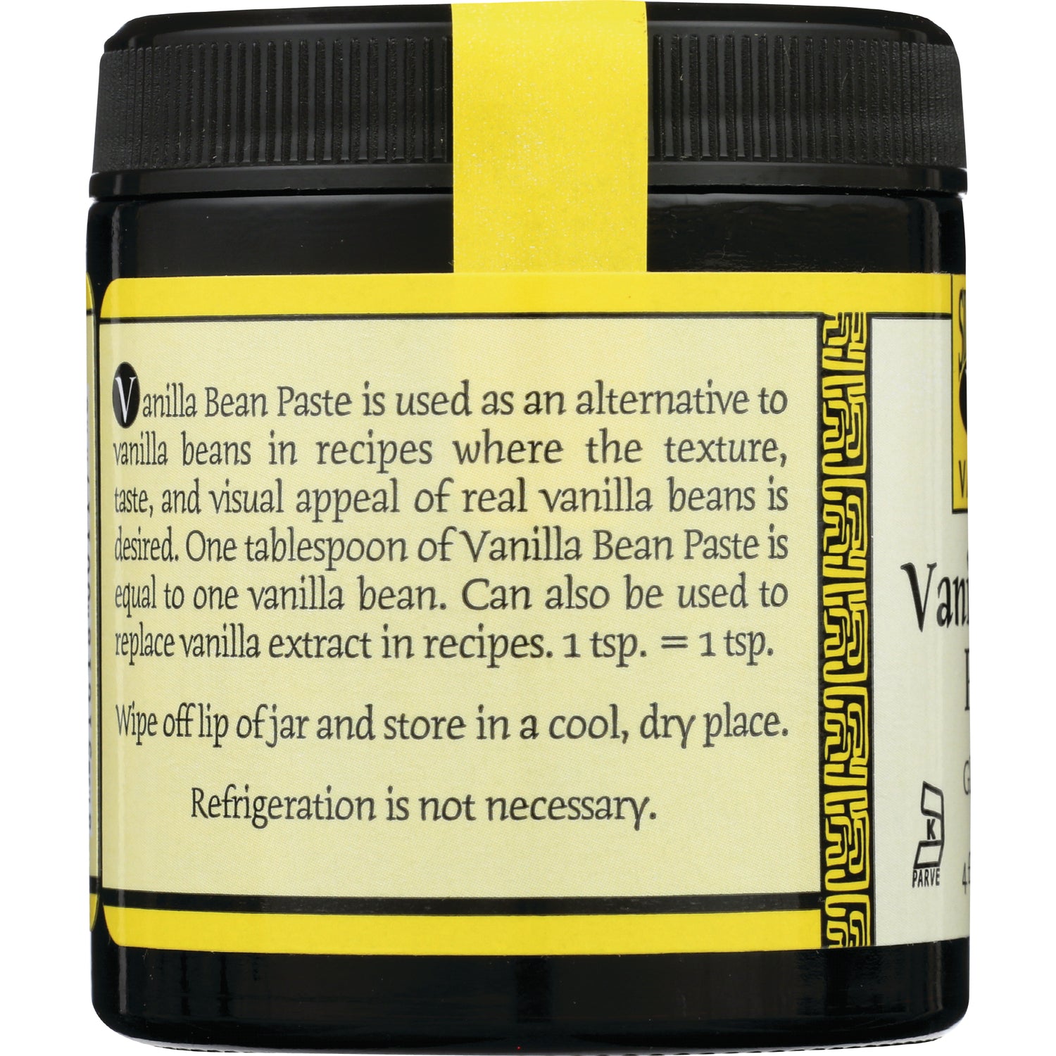 SDV002 | Back label of vanilla bean paste jar showing usage directions and refrigeration is not necessary