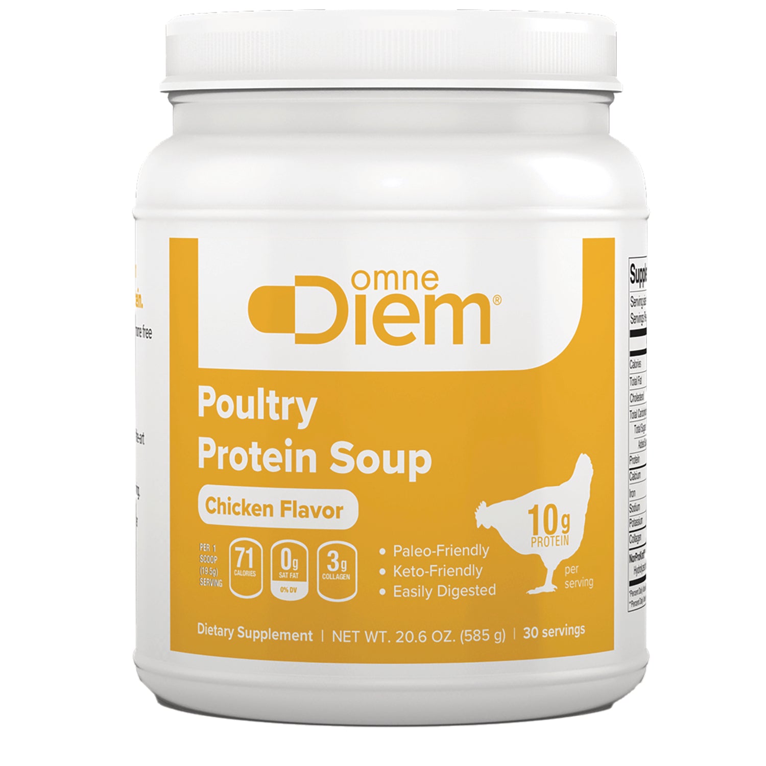 DIM021 | Omne Diem Poultry Protein Soup Chicken Flavor container with yellow label showing 10g protein per serving