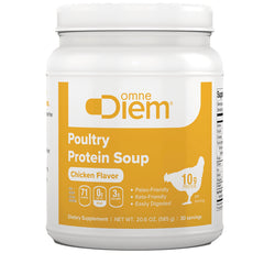 DIM021 | Omne Diem Poultry Protein Soup Chicken Flavor container with yellow label showing 10g protein per serving
