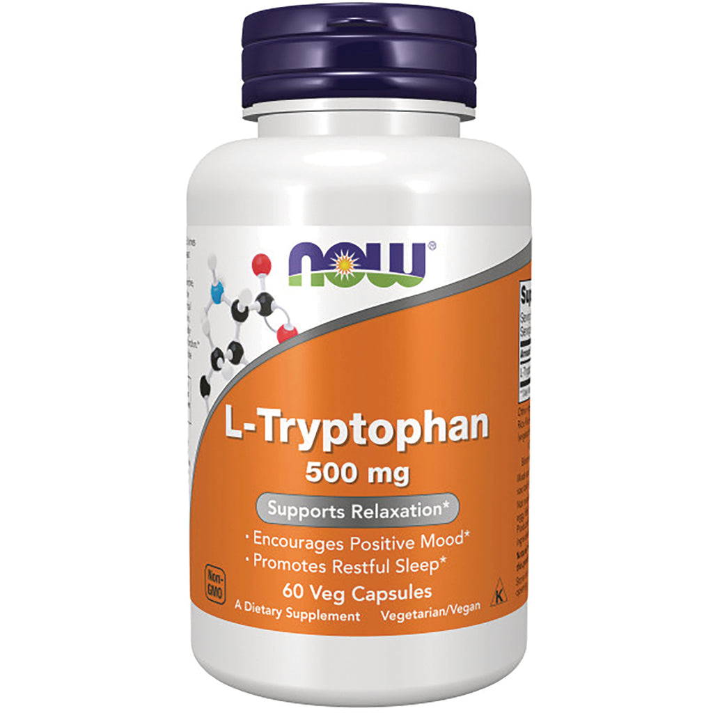 NWF135 | NOW L-Tryptophan 500 mg supplement bottle, 60 veg capsules, orange label - Thumbnail