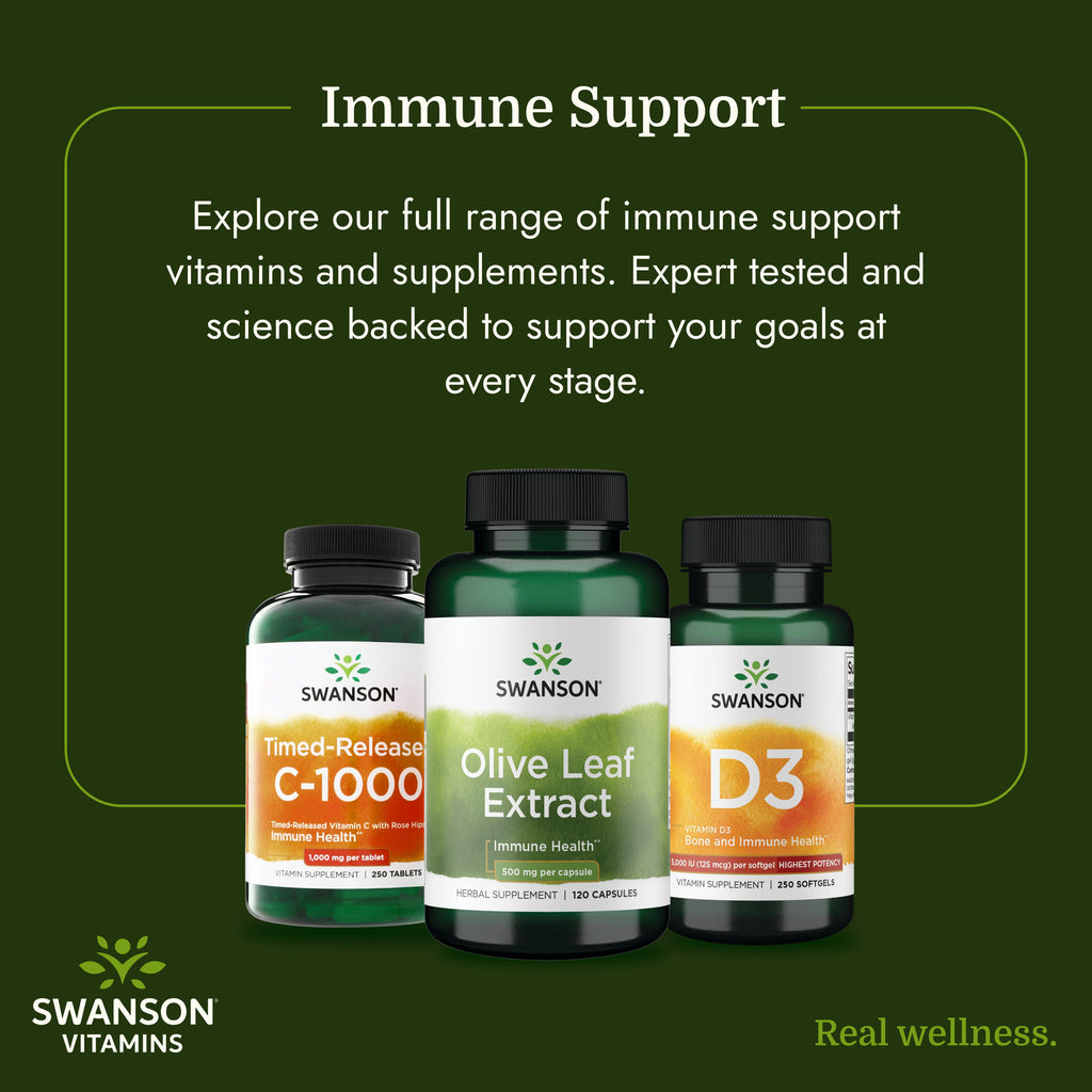 SWH159 | Swanson immune support supplement lineup with C-1000, Olive Leaf Extract, and D3 bottles - Thumbnail