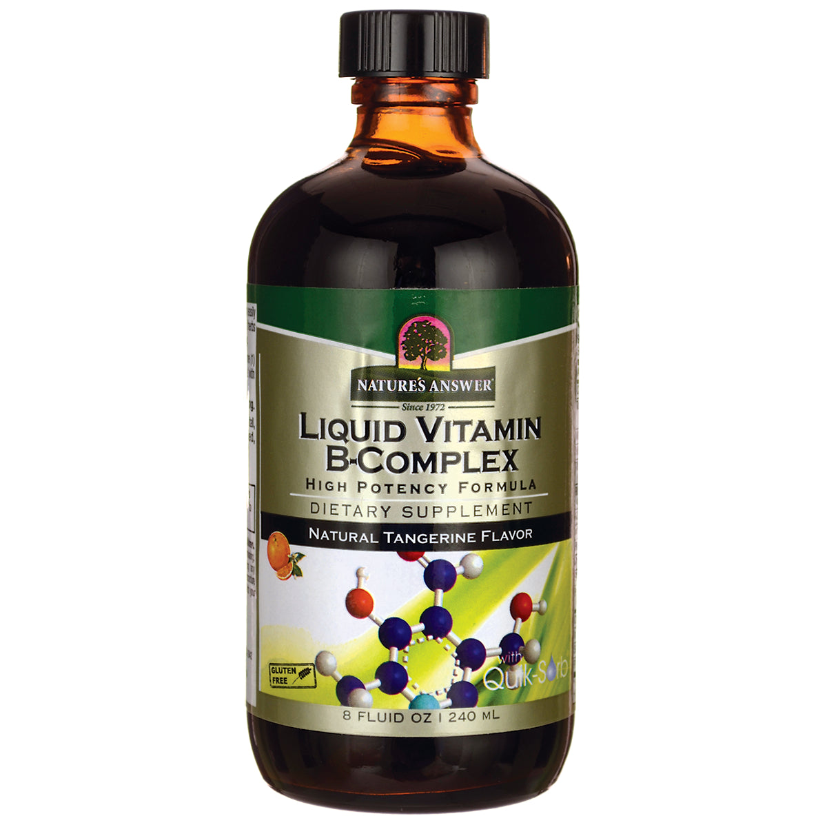 NAT004 | Amber glass bottle of Nature's Answer Liquid Vitamin B-Complex dietary supplement, natural tangerine flavor