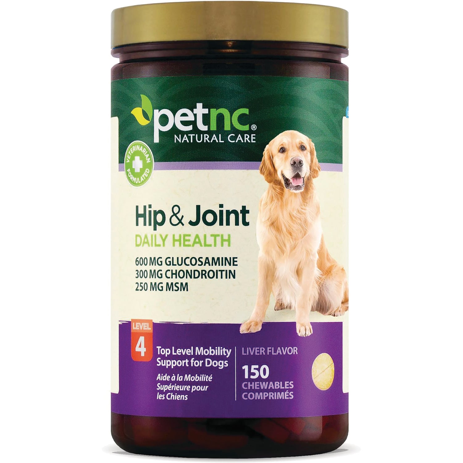CNT273 | PetNC Hip & Joint Daily Health bottle showing golden retriever, 150 liver-flavored chewables front label