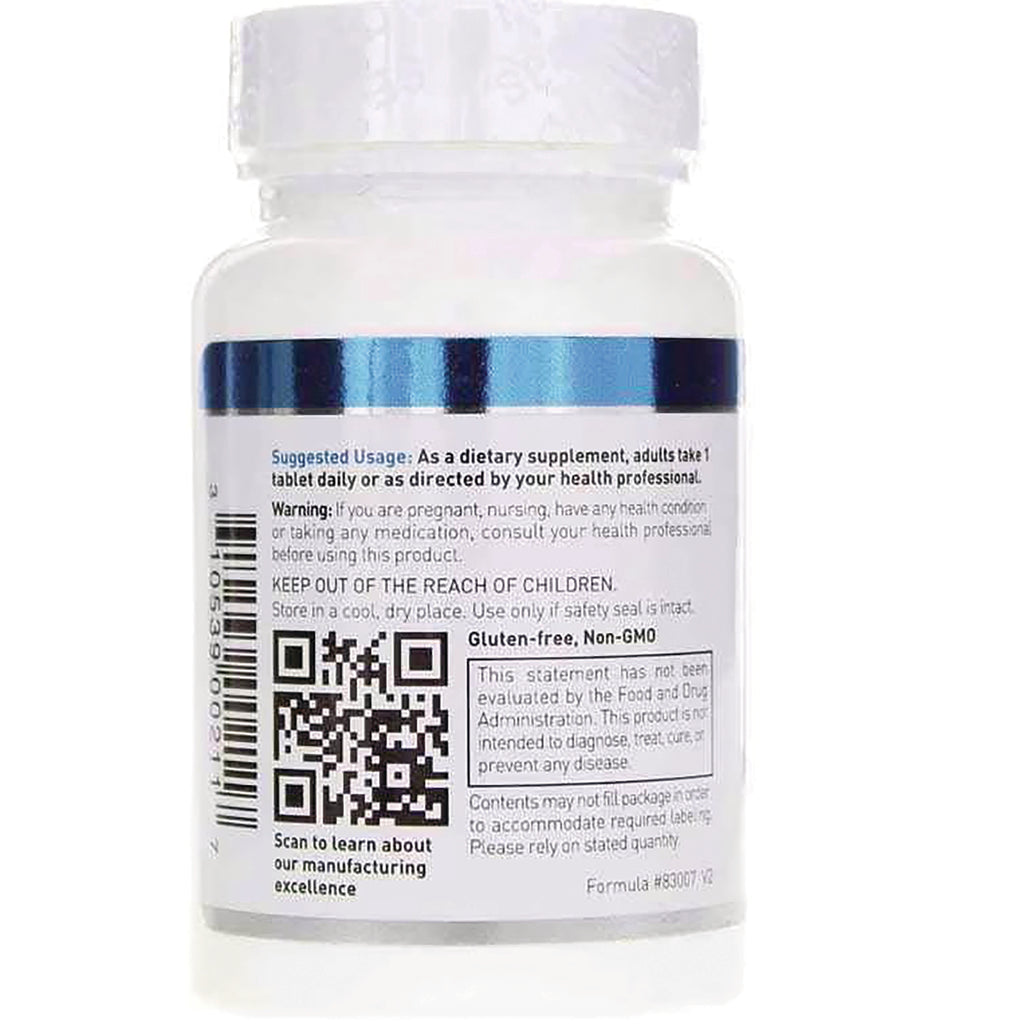 DGL008 | Back of white supplement bottle with usage and warning text, barcode and QR code, labeled Gluten-free, Non-GMO - Thumbnail