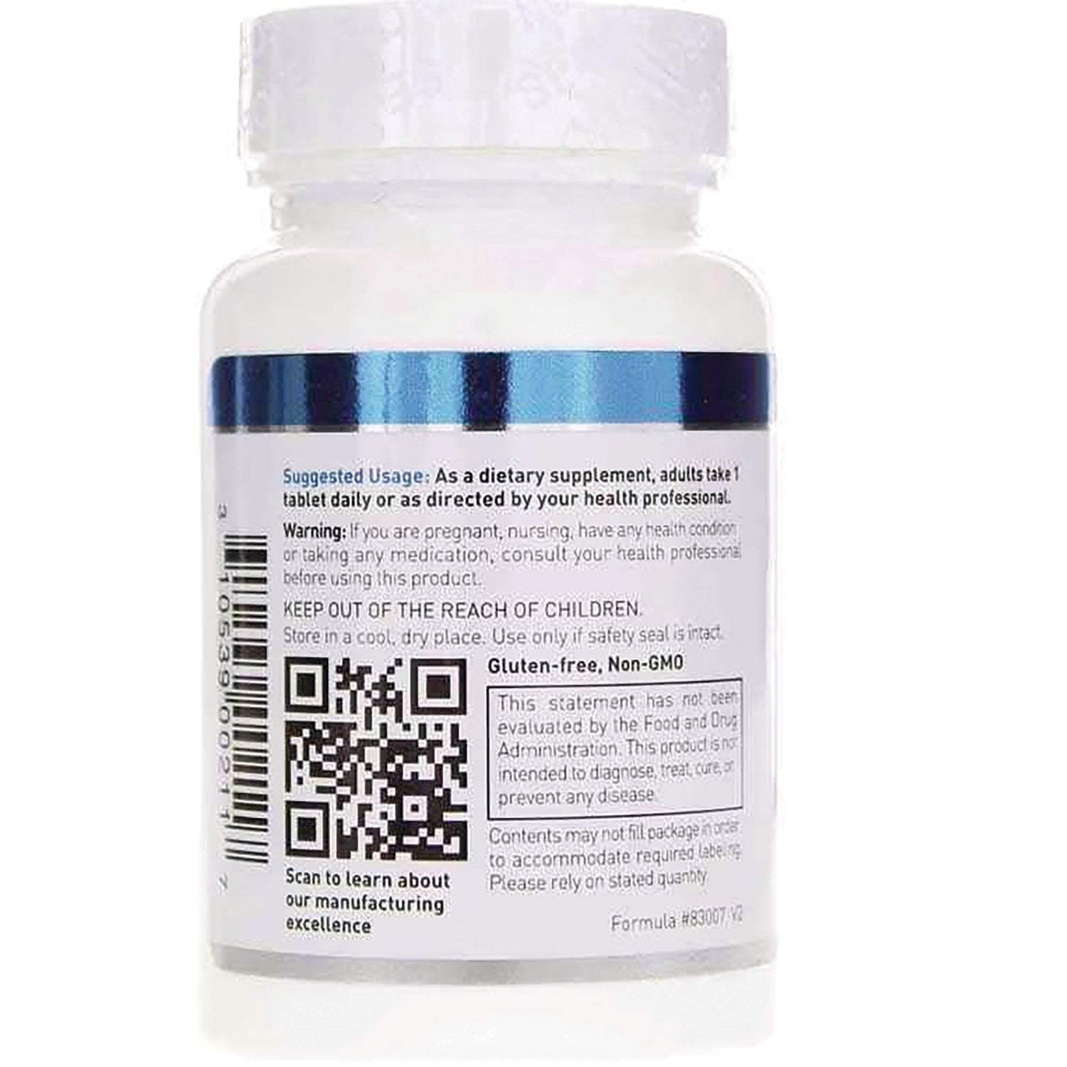 DGL008 | Back of white supplement bottle with usage and warning text, barcode and QR code, labeled Gluten-free, Non-GMO