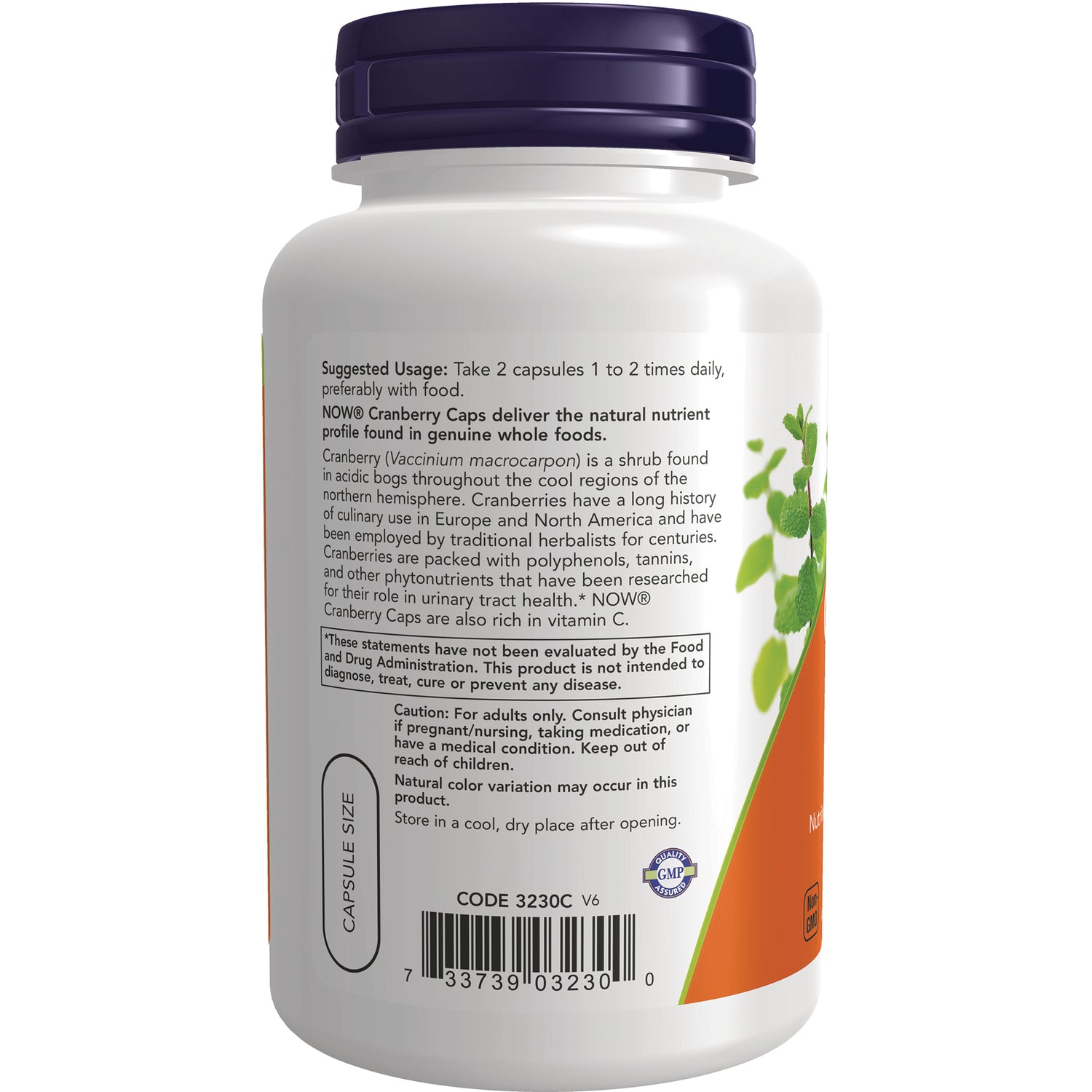 NWF121 | Back label of white supplement bottle showing suggested usage text, product description and barcode