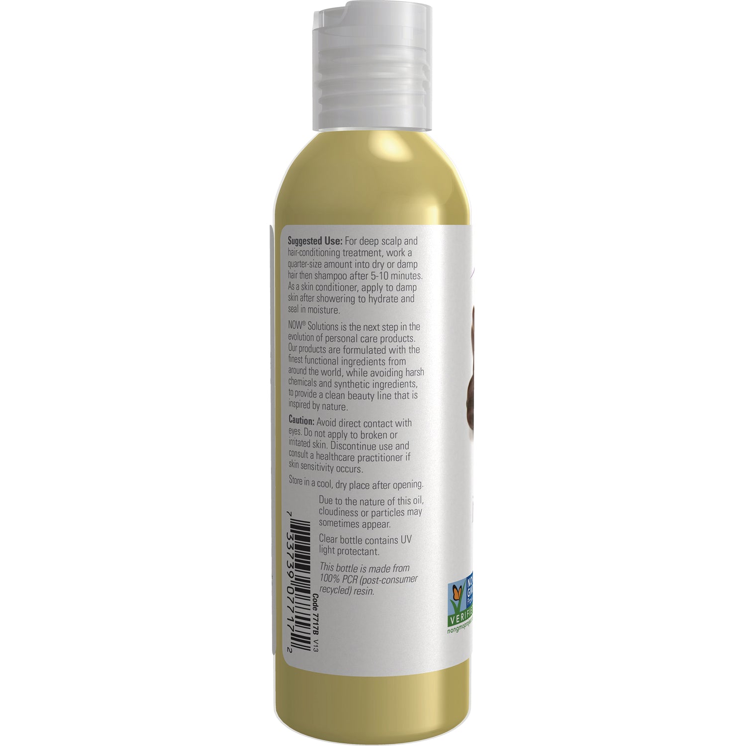 NWF056 | Back label of gold bottle showing usage instructions, barcode, and certification logo