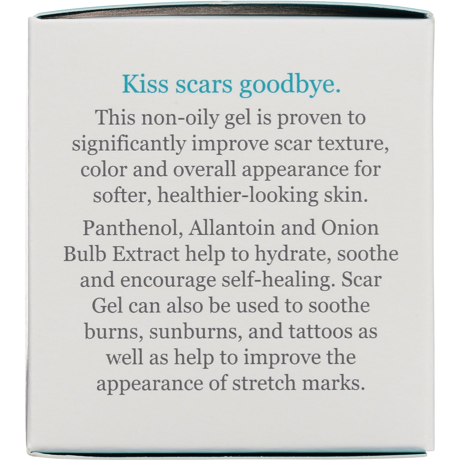 DE002 | Box panel reading Kiss scars goodbye and describing scar gel benefits, ingredients, and uses