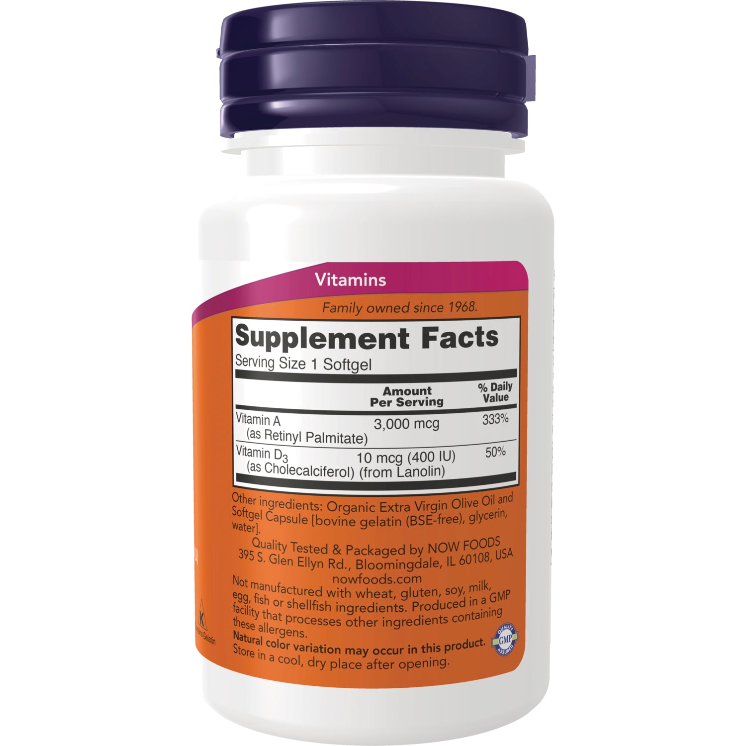 NWF587 | Back of white supplement bottle showing Supplement Facts panel and ingredient text, purple cap