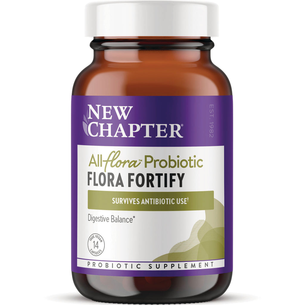 NWC395 | Amber bottle of New Chapter Allflora Probiotic Flora Fortify supplement front label, 14 capsules - Thumbnail