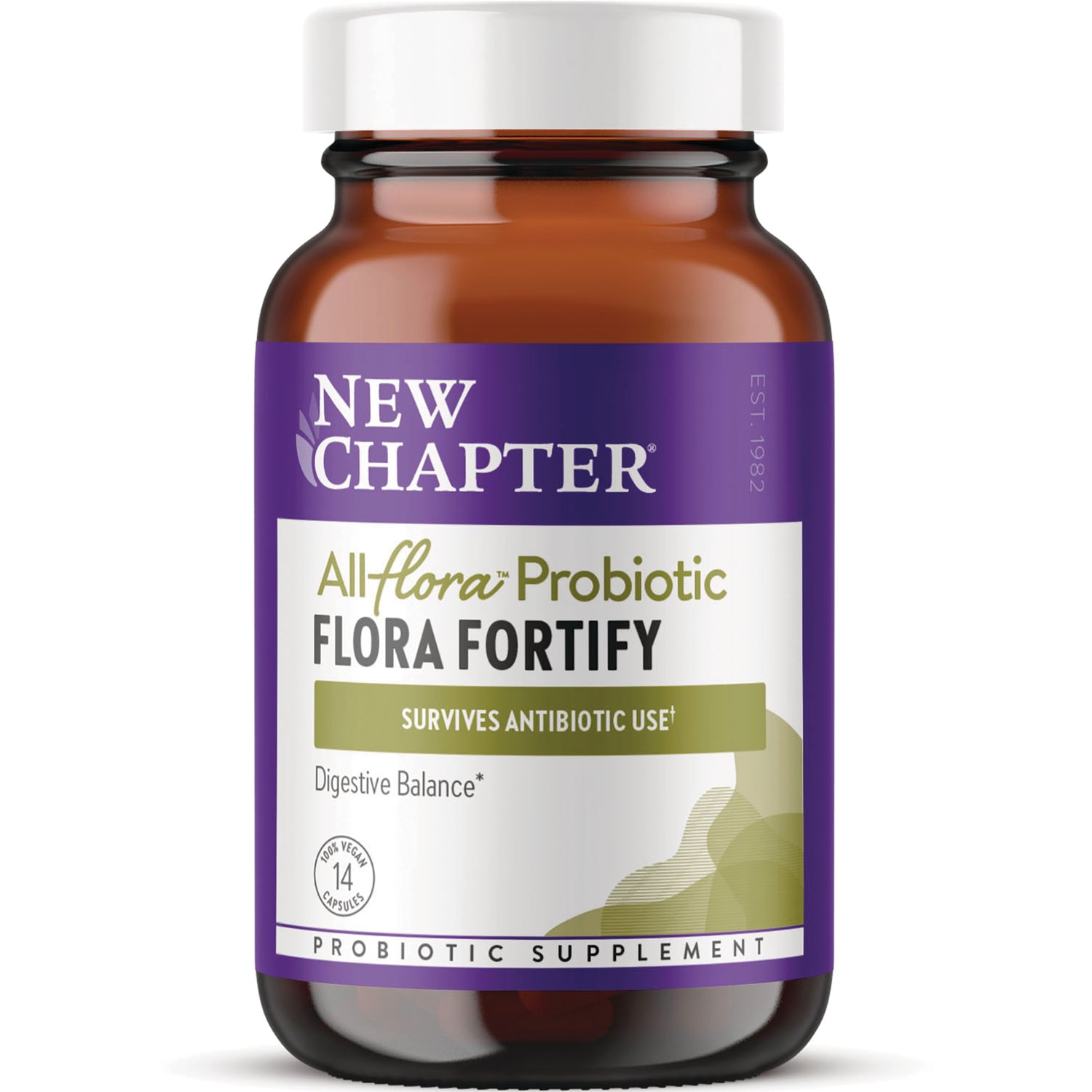 NWC395 | Amber bottle of New Chapter Allflora Probiotic Flora Fortify supplement front label, 14 capsules