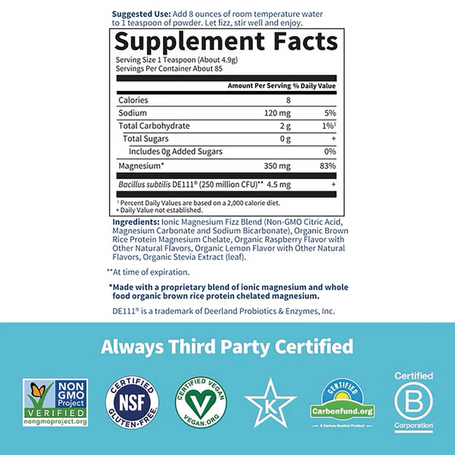 GLF384 | supplement facts panel with serving size, magnesium 350 mg, ingredients list and certification logos