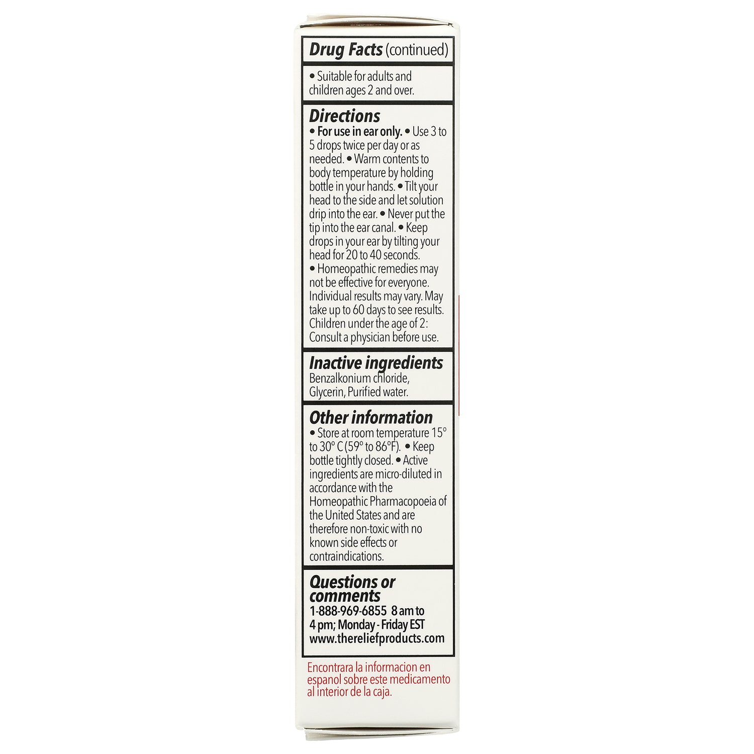 TRL015 | Back panel with drug facts, directions, inactive ingredients, and other information for ear drops