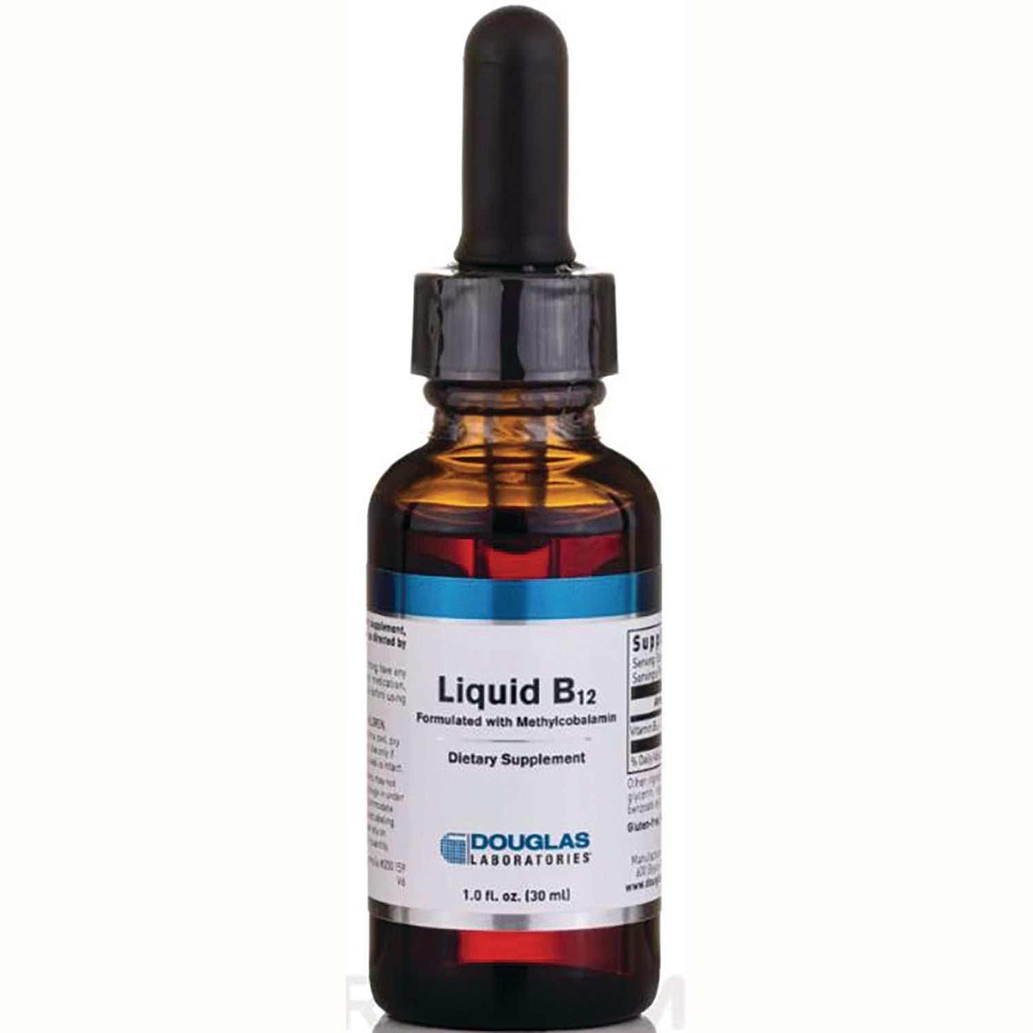DGL018 | amber glass dropper bottle labeled Liquid B12 dietary supplement by Douglas Laboratories 1.0 fl oz