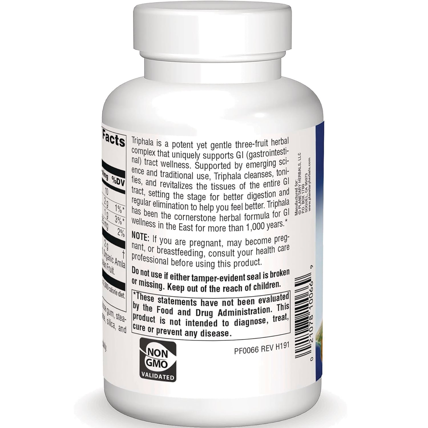 PF084 | Back label of white supplement bottle showing ingredients, warnings, barcode and NON GMO VALIDATED seal