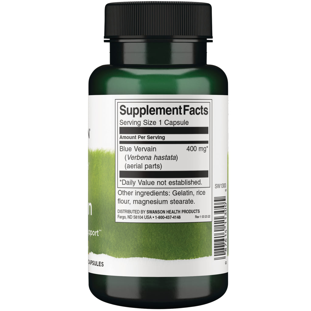 SW1300 | Supplement Facts panel for Blue Vervain 400 mg capsules with other ingredients and barcode - Thumbnail