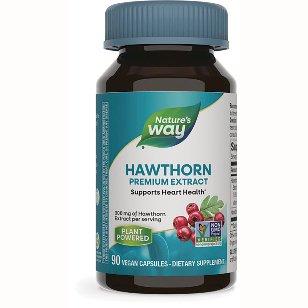 NW526 | Nature's Way Hawthorn premium extract bottle, 90 vegan capsules, label Supports Heart Health - Thumbnail