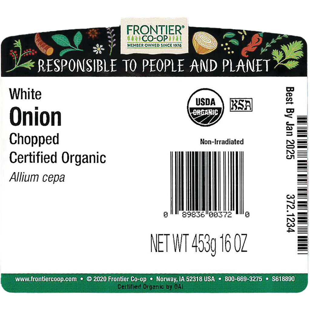 FNP064 | Back label showing Frontier Co-op White Onion Chopped Certified Organic, USDA seal, barcode, NET WT 453g 16 OZ, Best By Jan 2025 - Thumbnail