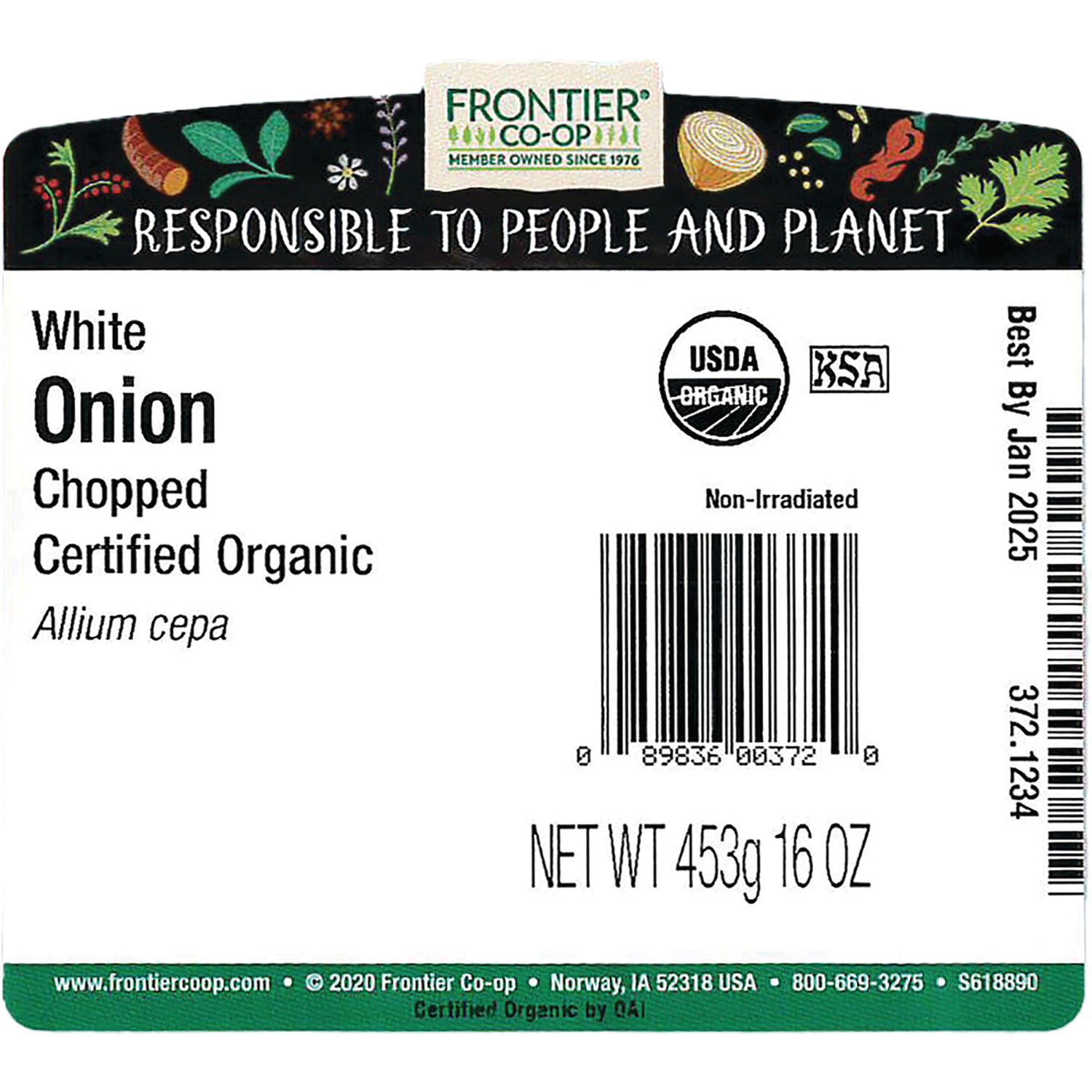 FNP064 | Back label showing Frontier Co-op White Onion Chopped Certified Organic, USDA seal, barcode, NET WT 453g 16 OZ, Best By Jan 2025
