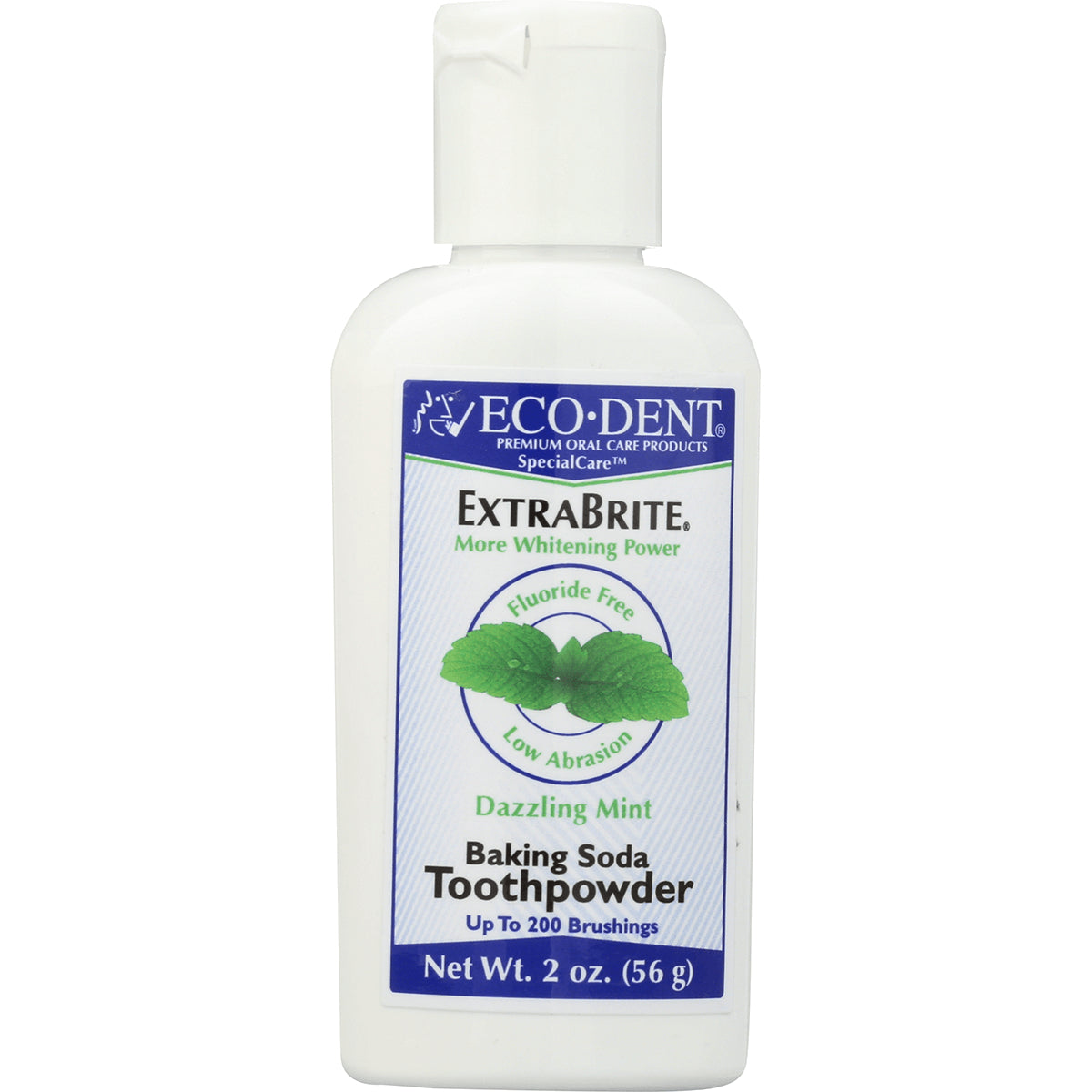 ECD005 | ECODENT ExtraBrite baking soda toothpowder, Dazzling Mint, 2 oz white bottle