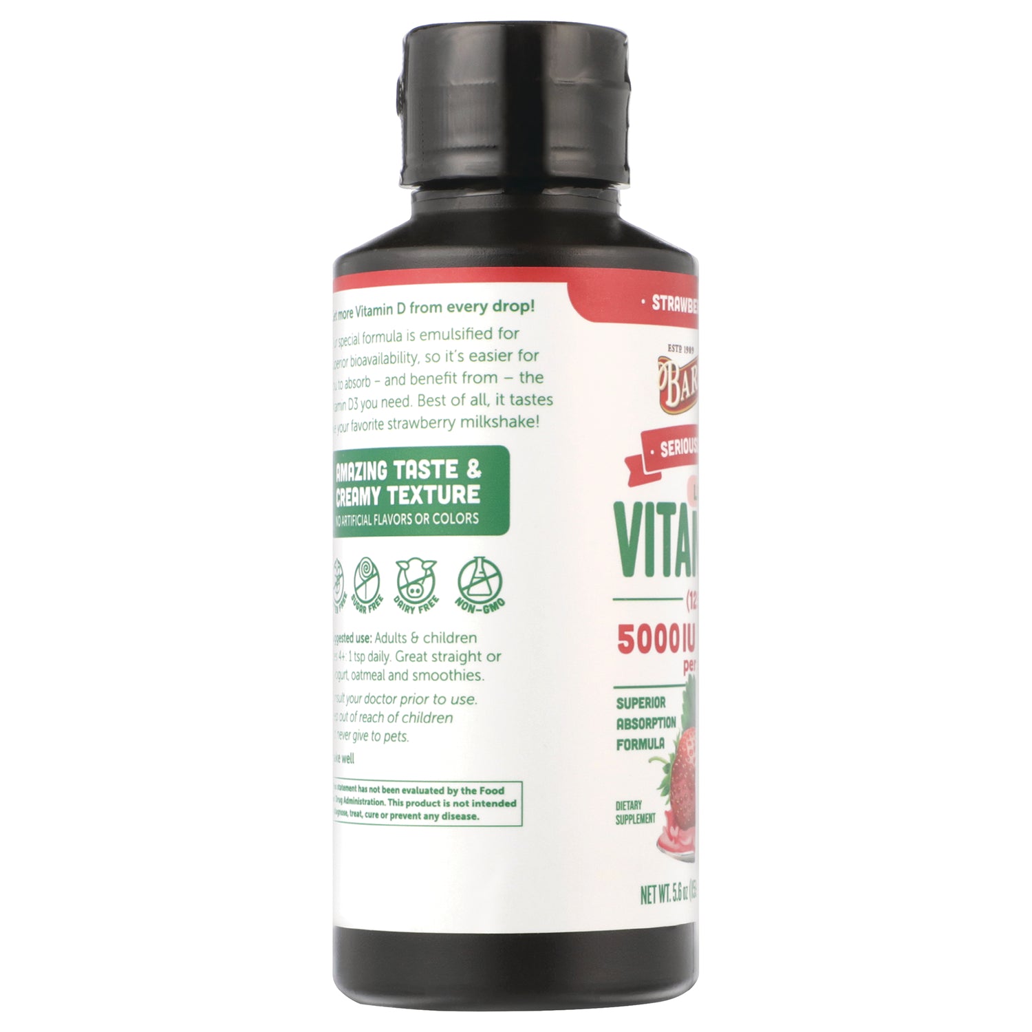 Bottle side panel showing product infographic with 5000 IU claim, icons, and strawberry image