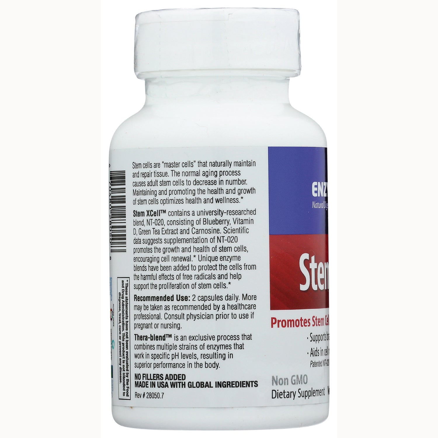 EMD041 | Back label of white supplement bottle showing ingredient text, recommended use and barcode