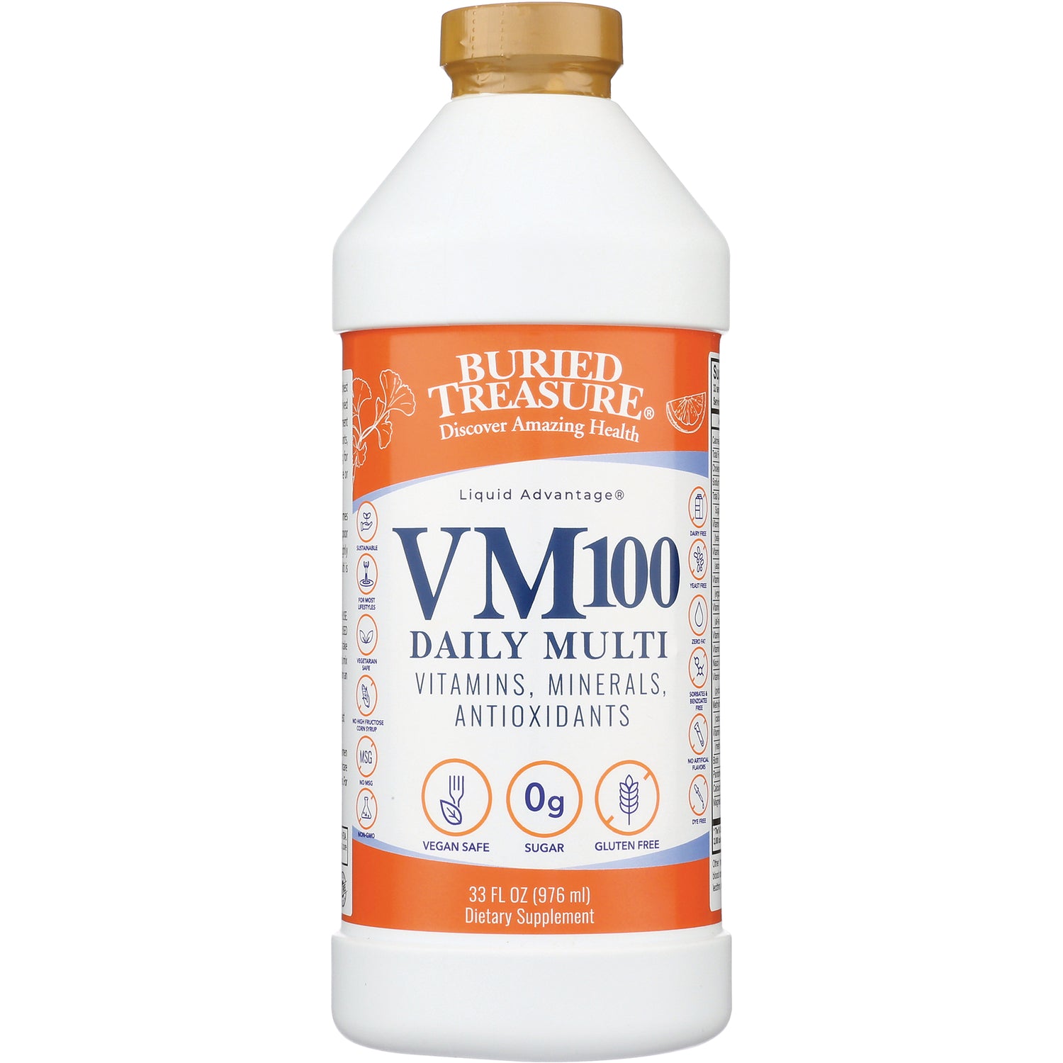 BTR005 | Buried Treasure VM100 Daily Multi liquid vitamins bottle 33 fl oz front label showing vitamins minerals antioxidants