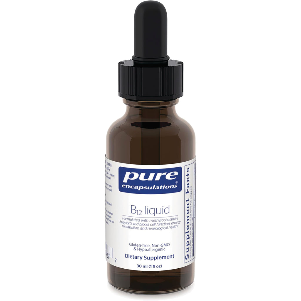 PRN020 | Brown glass dropper bottle labeled pure encapsulations B12 liquid dietary supplement 30 ml - Thumbnail