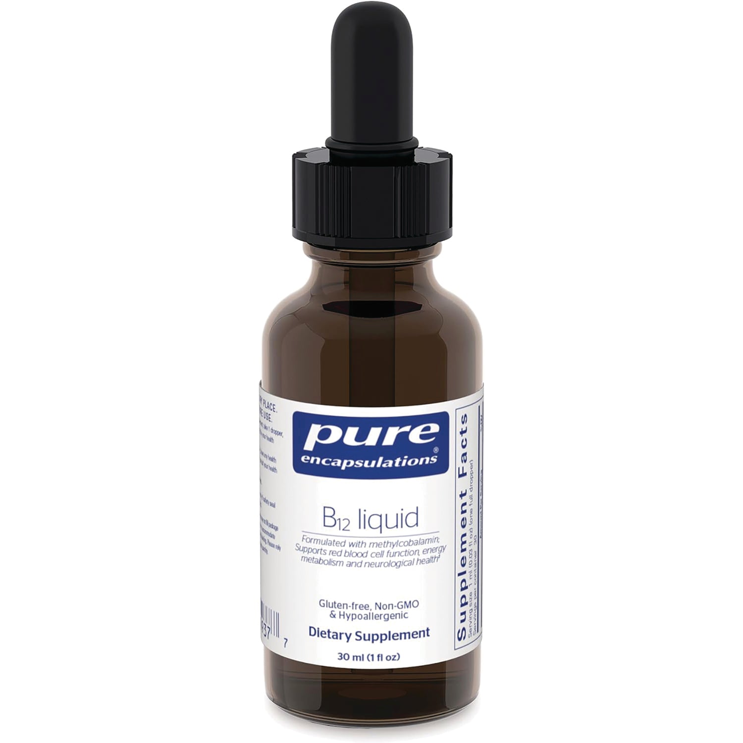 PRN020 | Brown glass dropper bottle labeled pure encapsulations B12 liquid dietary supplement 30 ml