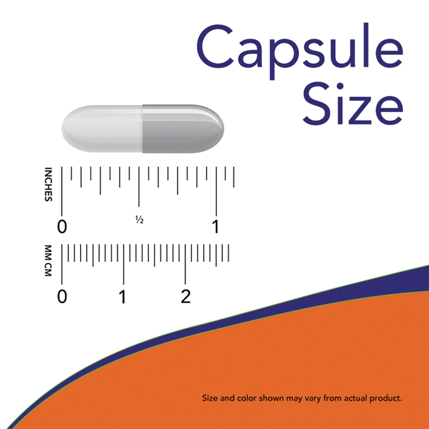 NWF1382 | Capsule size graphic with gray capsule over inch and mm rulers labeled Capsule Size