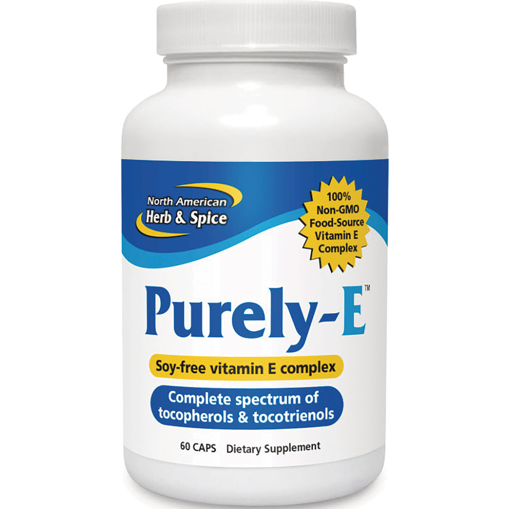 NHS073 | Purely-E soy-free vitamin E complex white bottle with blue label and yellow non-GMO badge, 60 caps - Thumbnail