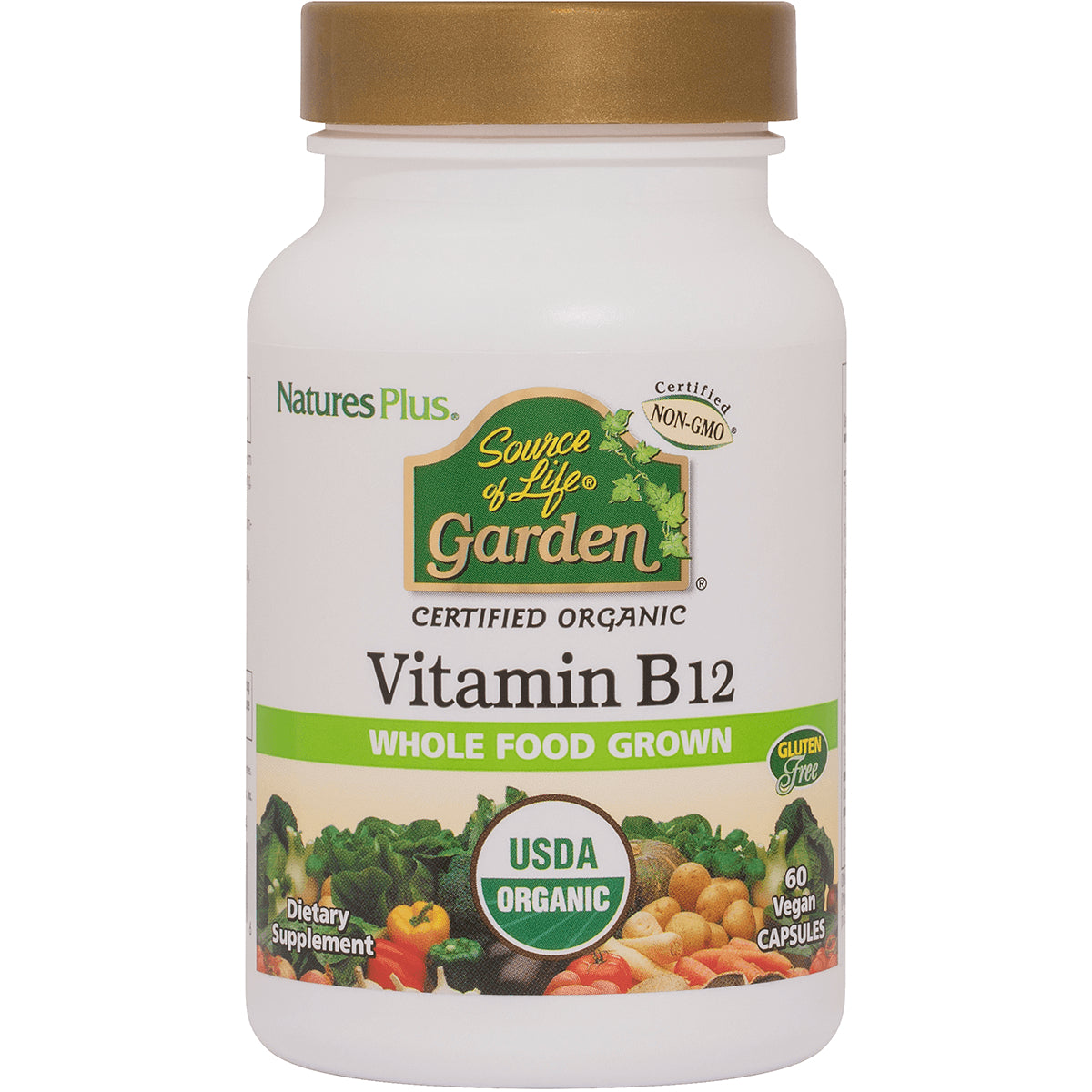 NTP328 | Source of Life Garden Vitamin B12 bottle front label showing USDA Organic whole food grown 60 vegan capsules