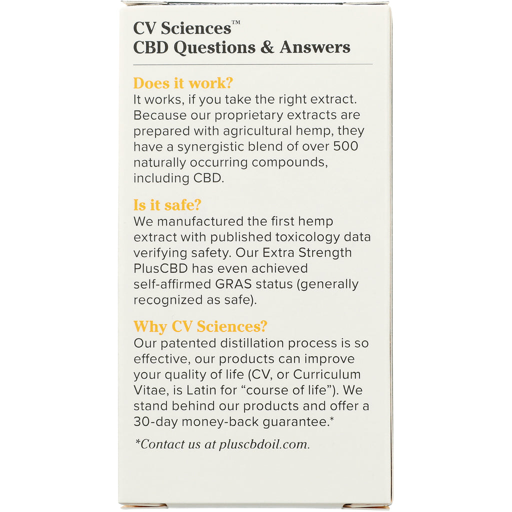 CV026 | back panel reading CBD Questions & Answers with headings Does it work? Is it safe? Why CV Sciences - Thumbnail