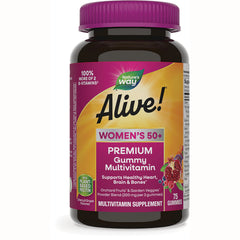 NW854 | Alive! Women's 50+ premium gummy multivitamin bottle, 75 gummies, cherry and grape flavor